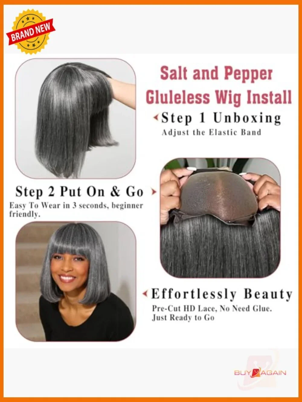 Salt and Pepper Human Hair Bob Wig with Bangs Glueless Straight Short 10 Inch - Picture 6 of 6